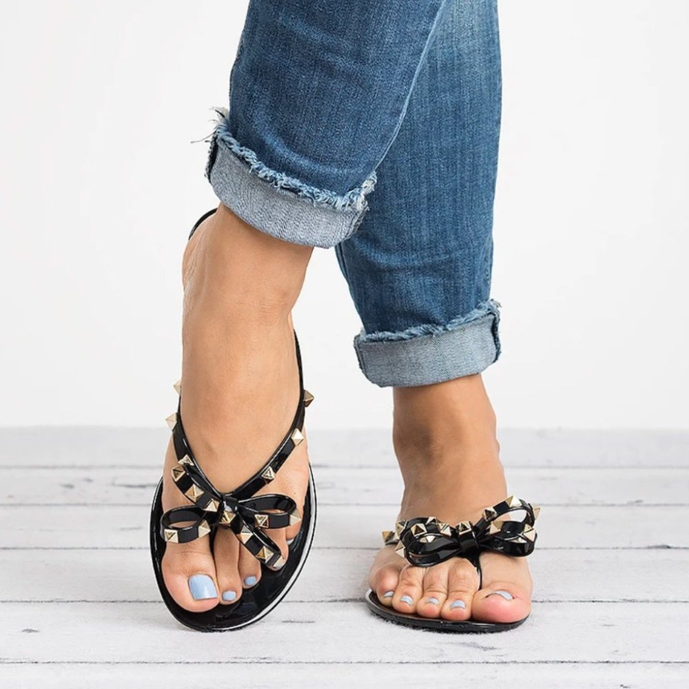 Black Studded Jelly Thong Sandals